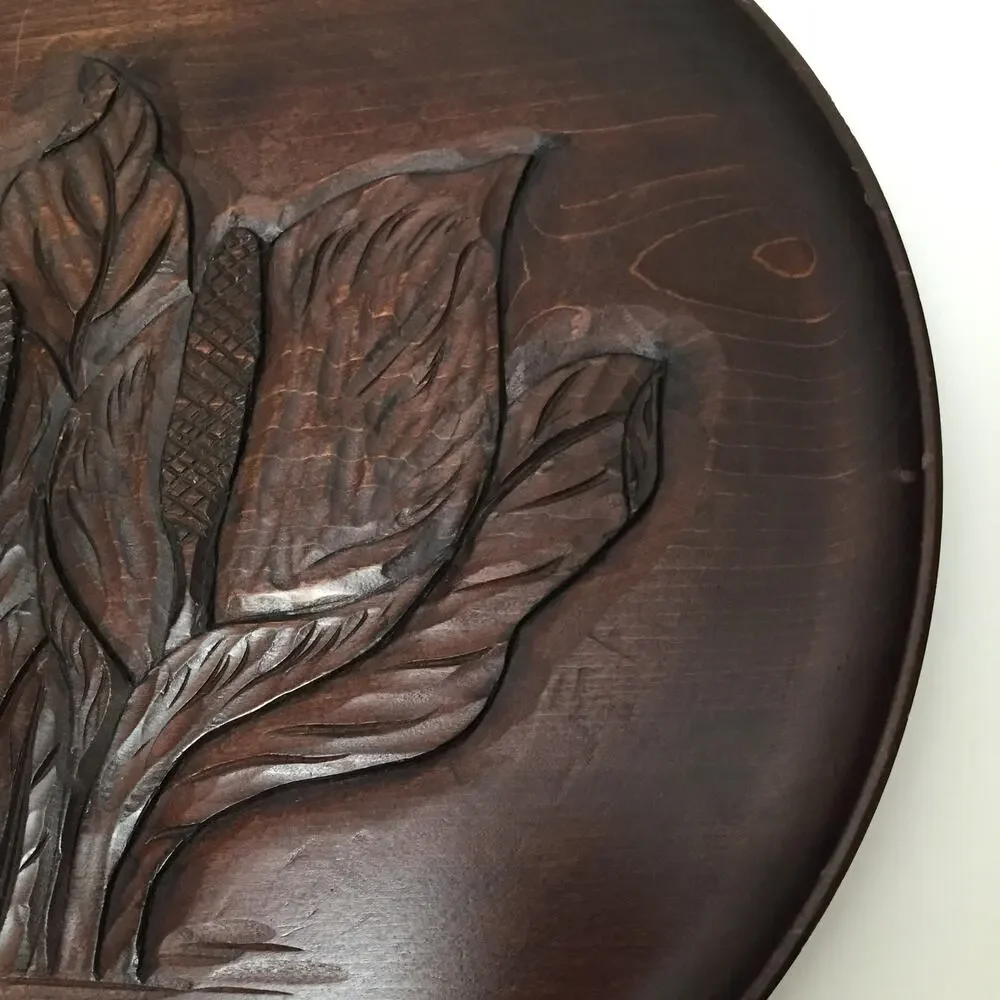 Vintage Carved Wooden Platter Calla Lilies